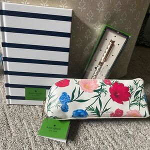 Kate Spade Journal, Floral Pencil Case, and White and Gold Pen